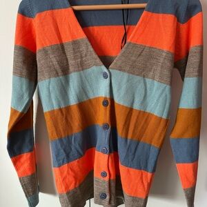 Orange and Blue Striped Cardigan Sweater with V-Neck